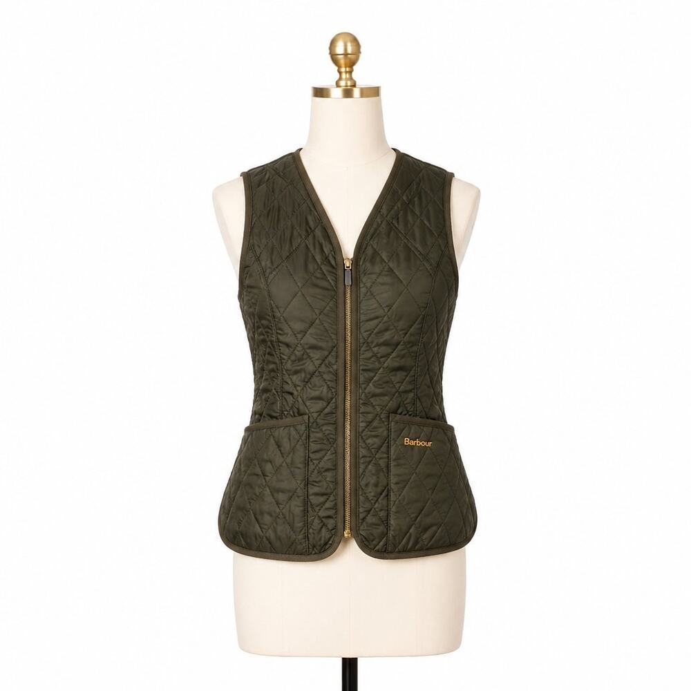 Barbour Betty Interactive Quilted Fleece Liner Vest Olive Green US 4 UK 8 EU 36